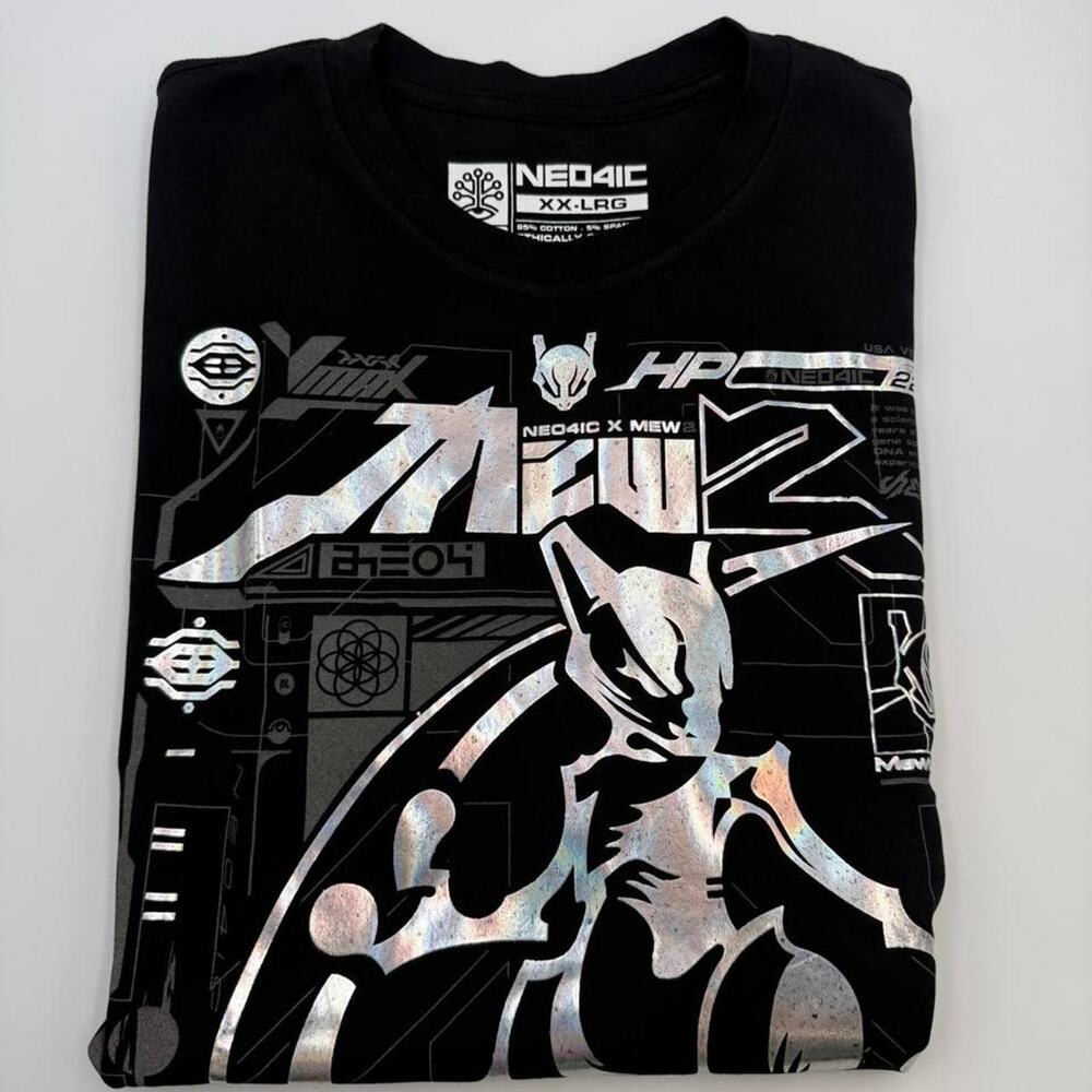 Ned4ic x Mewtwo Black T-Shirt Silver Holographic Graphic of a Pokémon Size XXL